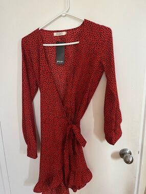 Nasty Gal ViVI Red Long-Sleeve Wrap Dress with Black Spot Print